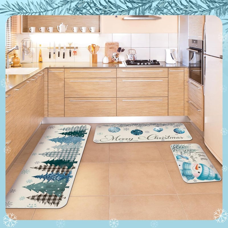 Layhit 3 Pcs Blue Snowman Christmas Kitchen Rugs and Mats Set Let It Snow Winter Kitchen Mats Absorbent Anti Fatigue Snowflakes Mat for Xmas Party Home Decor 20'' x 59'',20'' x 47'',20'' x 32'' - Image 4